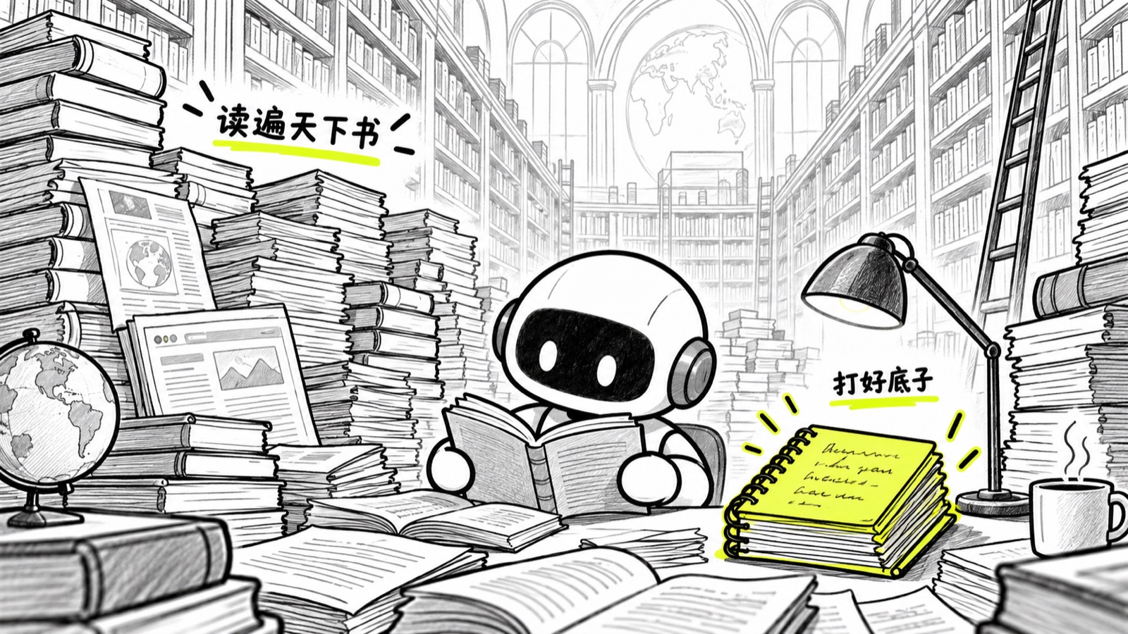 小机器人在堆满书的大图书馆里埋头读,手边一摞记满笔记的本子被标亮