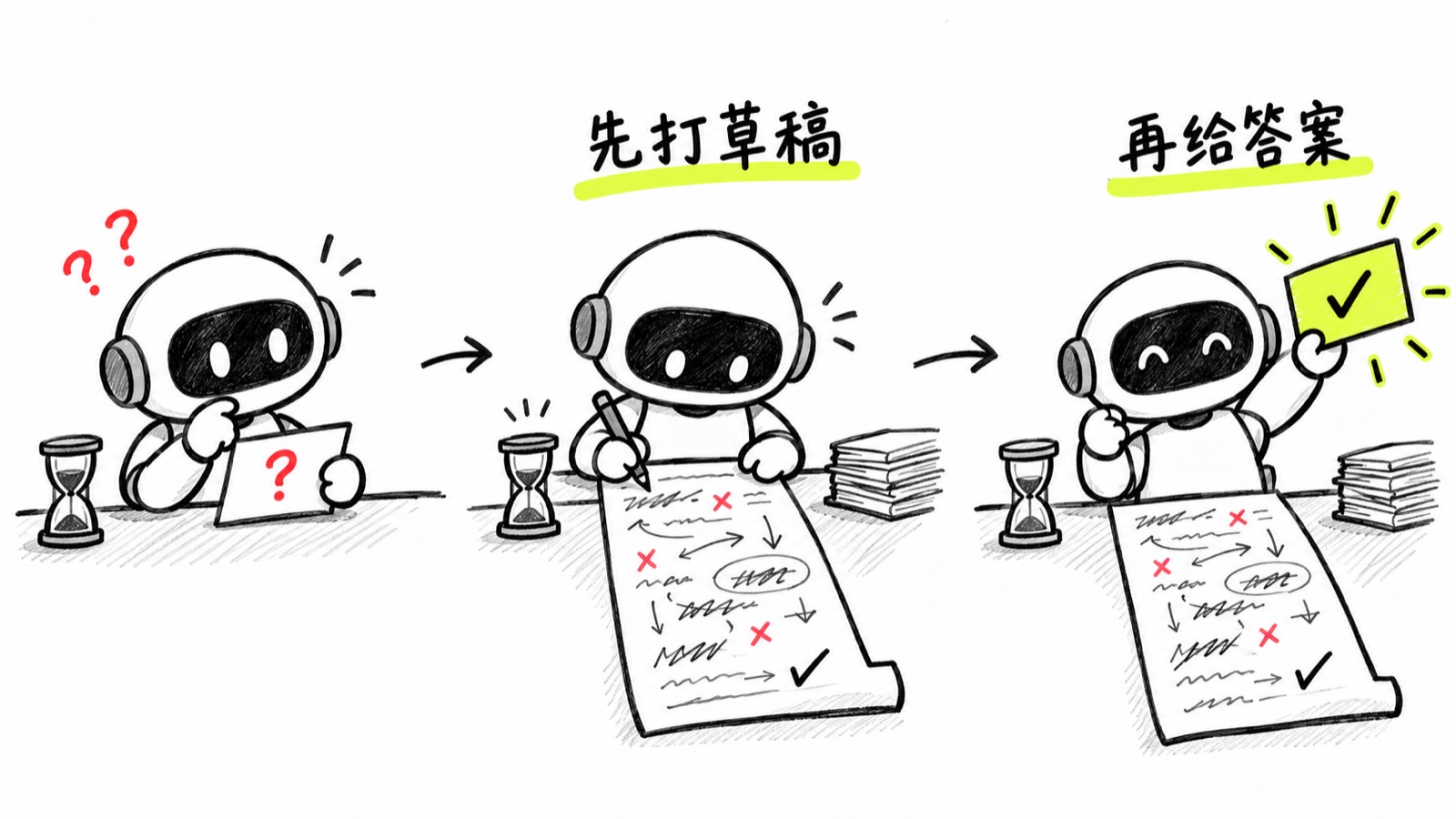 三格画面:小机器人对着题目发愣、在长草稿上反复演算划掉、最后举起打勾的答案