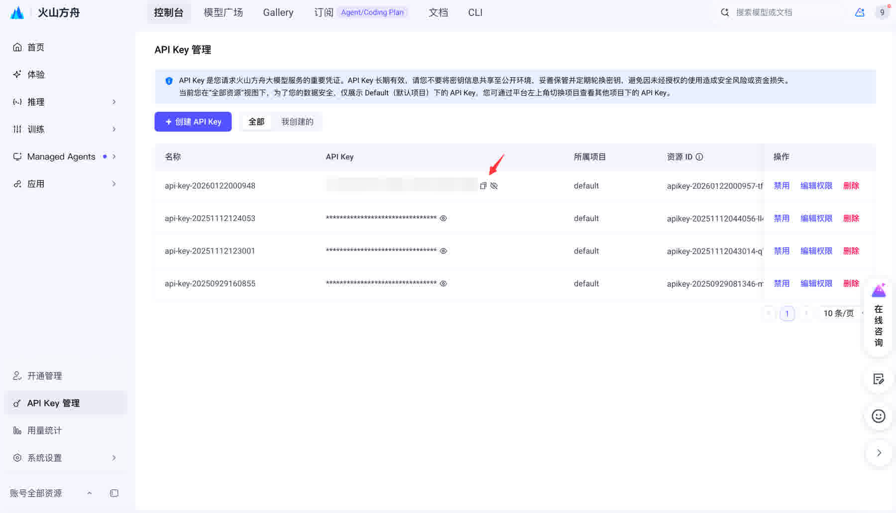 左上「创建 API Key」新建；建好后点列表里的复制图标当场存下来，Key 只完整显示那一次。